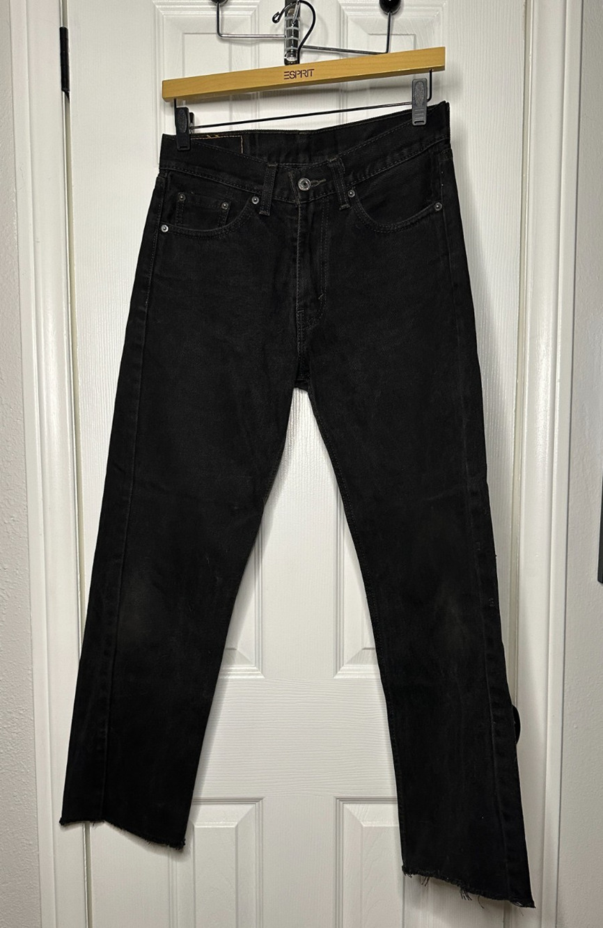 Levi's 505 Black Straight Leg Jeans- Vintage Fade + Raw Hem Crop (READ)